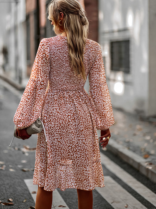 The Printed Round Neck Long Sleeve Smocked Dress