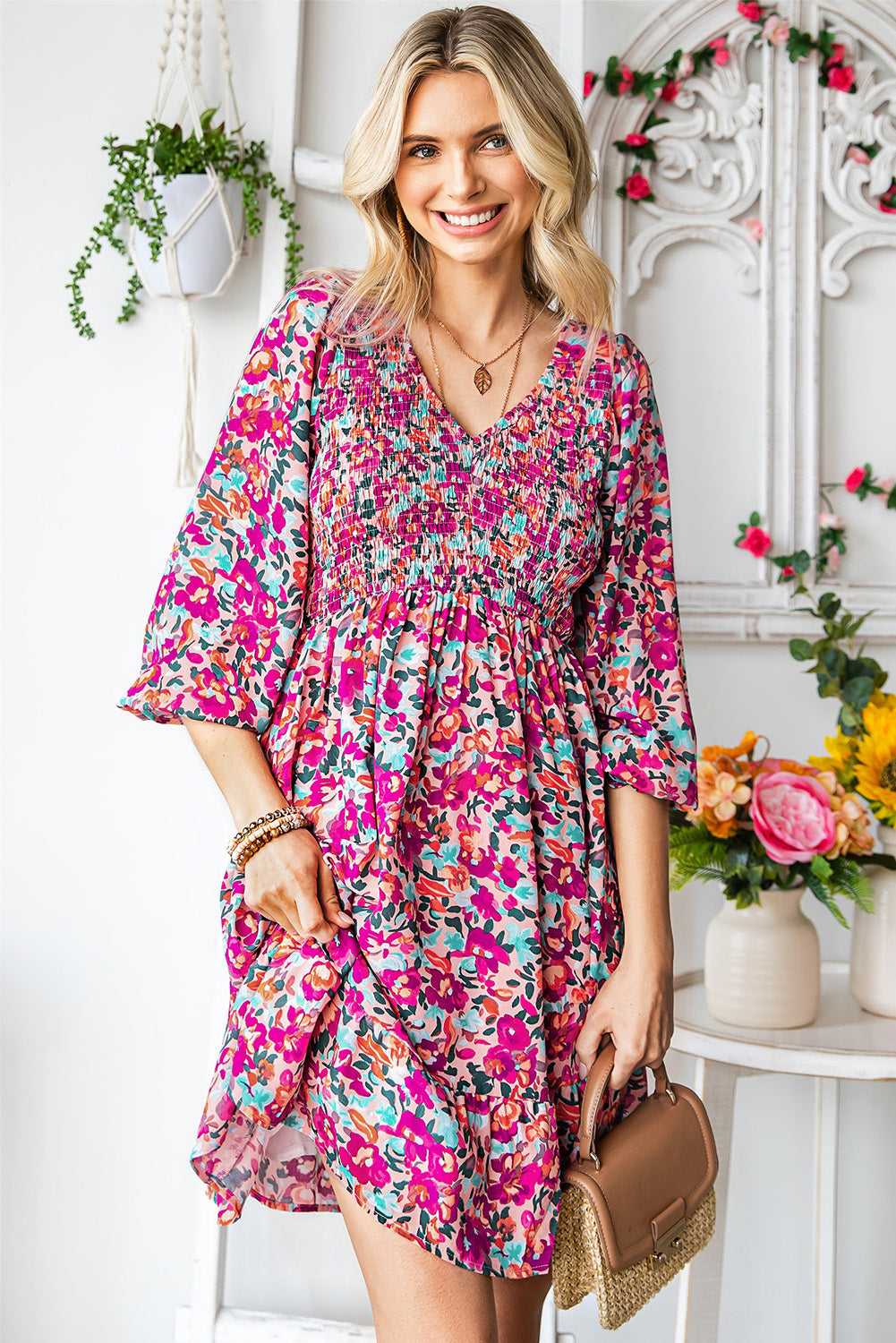 The Three Quarter Floral Flounce Sleeve Dress