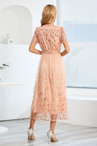 The Sequin Leaf Embroidery Tie Front Dress