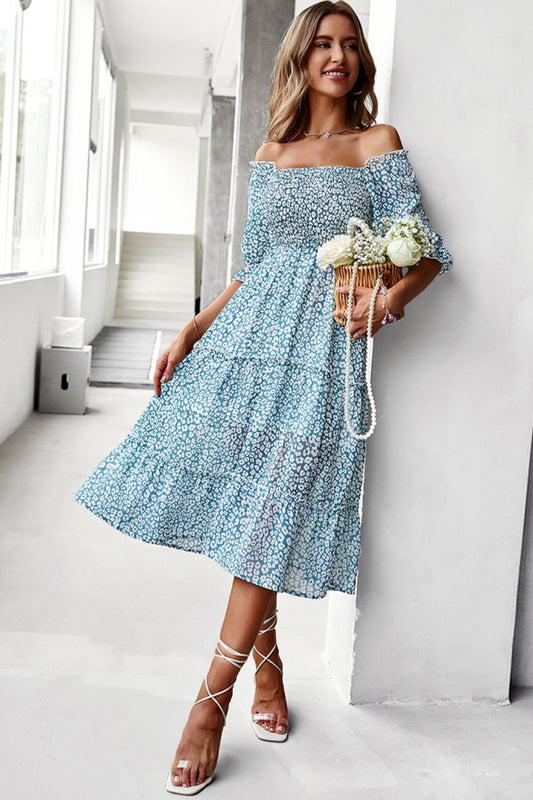 The Deep Teal Floral Off-Shoulder Midi Dress