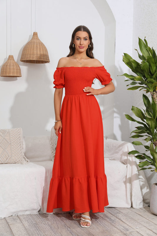 The Red-Orange Off-Shoulder Maxi Dress