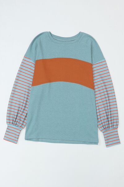 The Striped Round Neck Lantern Sleeve Sweatshirt