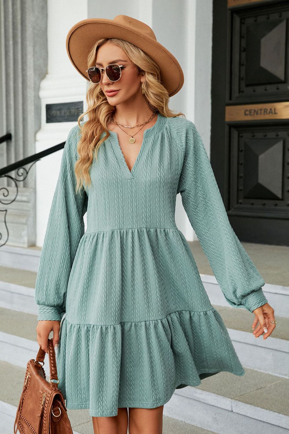 The Notched Neck Long Sleeve Mini Dress