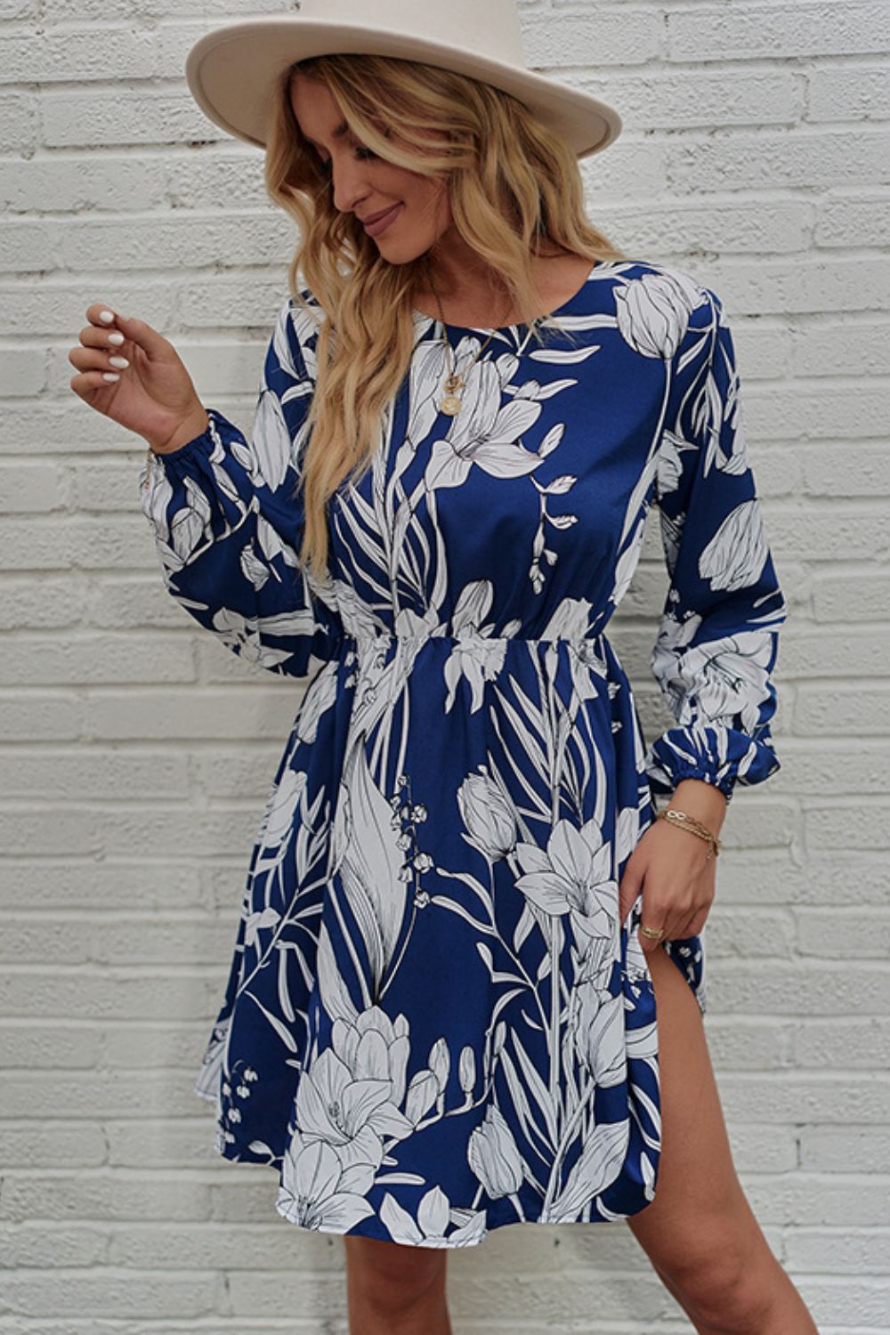 The Silk Navy Floral Balloon Sleeve Dress