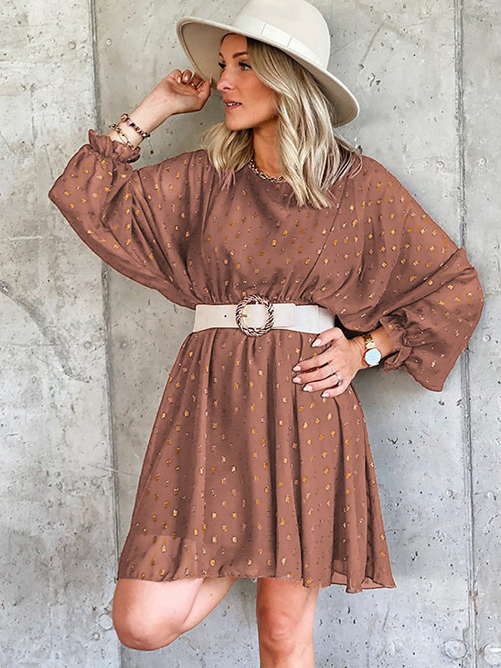 The Ochre Shimmer Lantern Sleeve Printed Dress