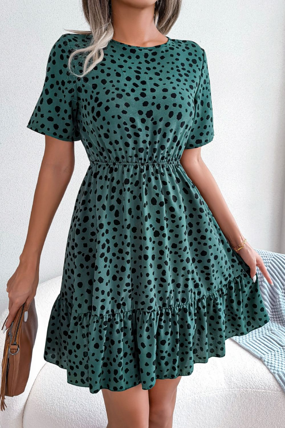 The Teal Printed Short Sleeve Ruffled Dress