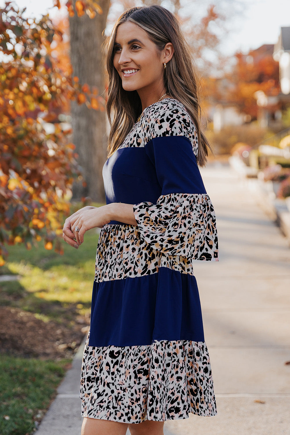 The Animal Print Color Block Flare Sleeve Dress