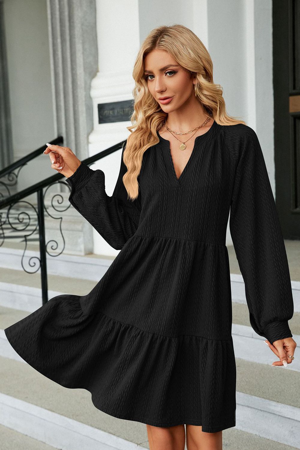 The Notched Neck Long Sleeve Mini Dress