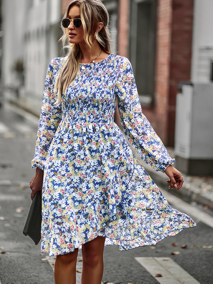 The Printed Round Neck Long Sleeve Smocked Dress