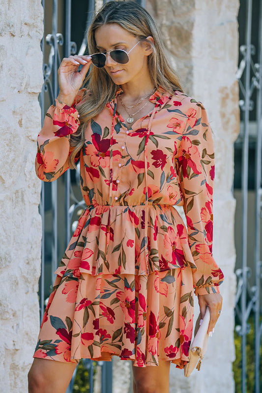 The Floral Tie Neck Layered Dress