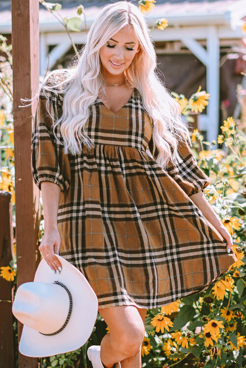 The Give Thanks Plaid Balloon Sleeve Dress