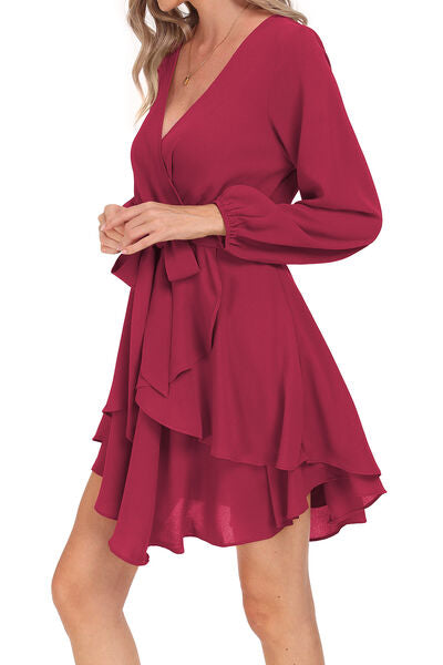 The Tied Surplice Balloon Sleeve Layered Dress