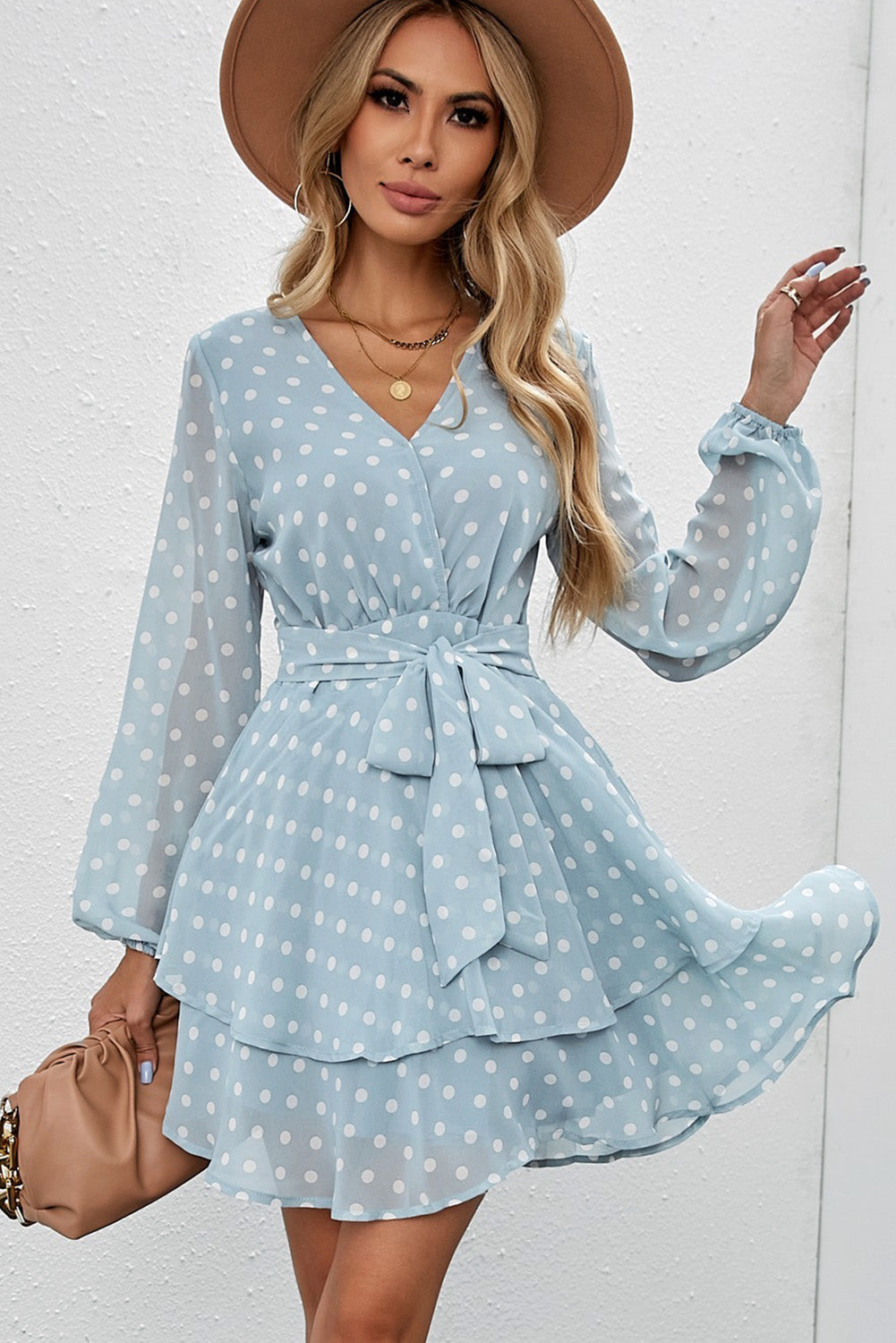 The Misty Blue Polka Dot Balloon Sleeve Dress