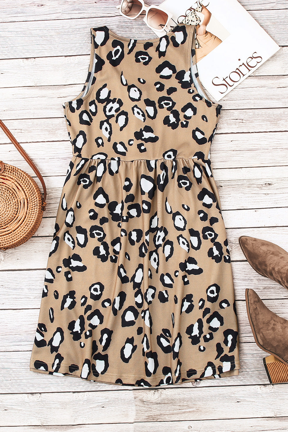 The Tan Leopard Buttoned Sleeveless Dress