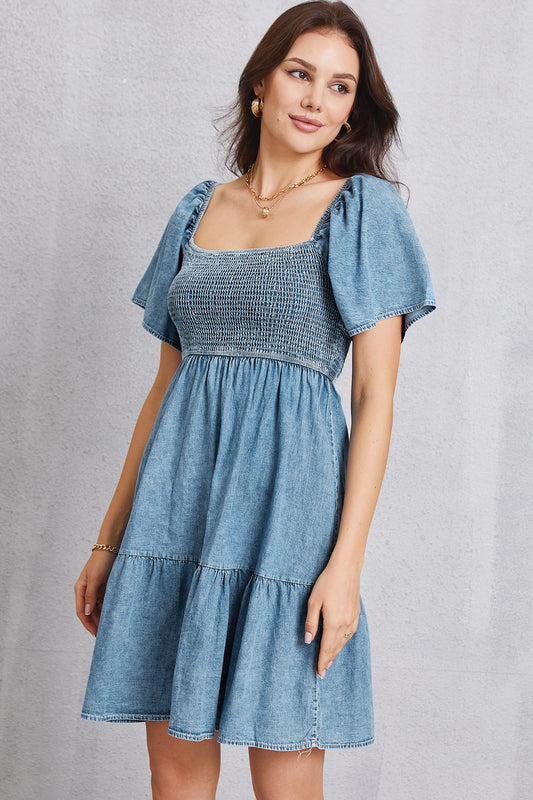 The Smocked Square Neck Mini Denim Dress