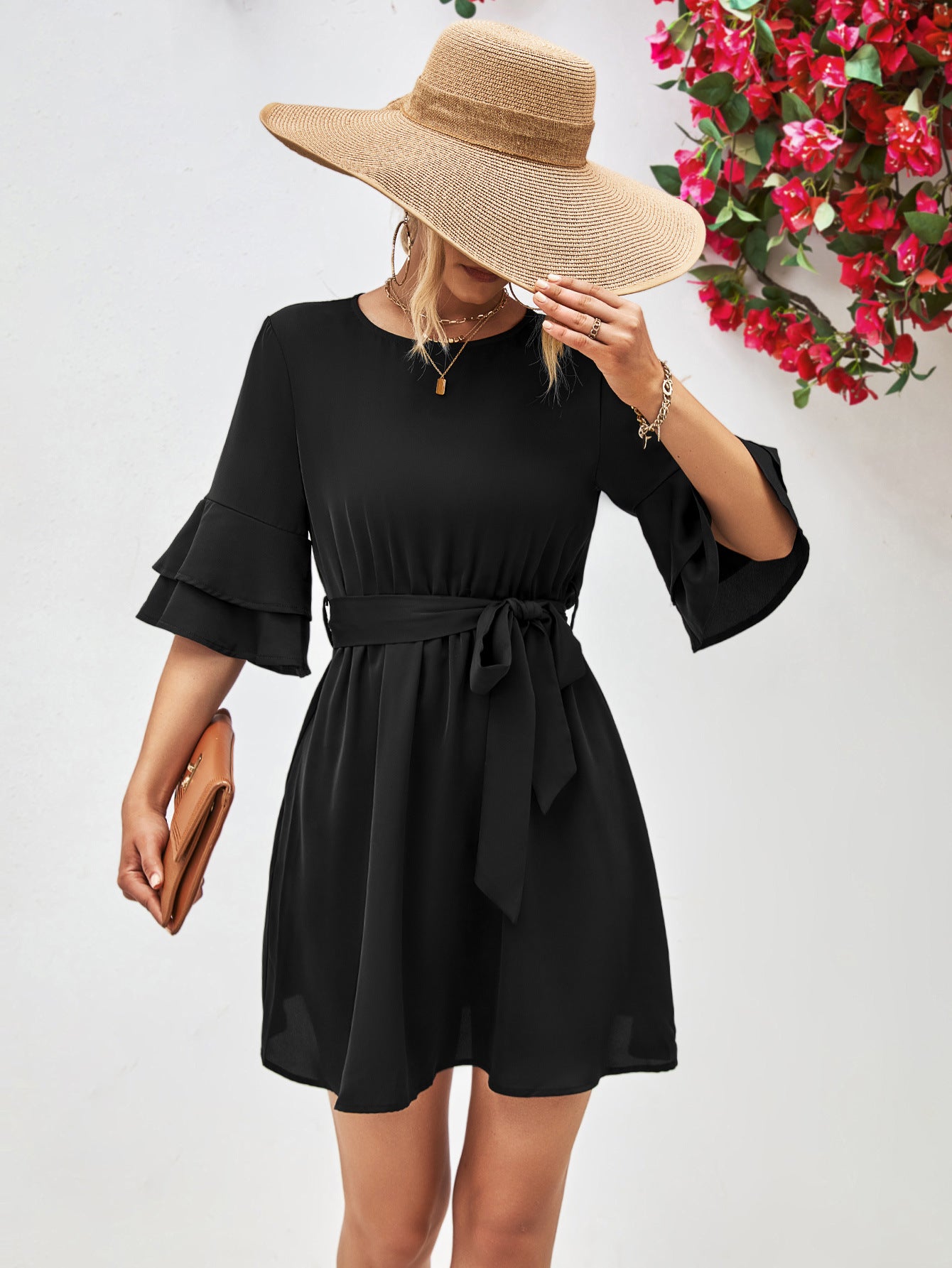 The Thriver Tie Belt Flounce Sleeve Dress