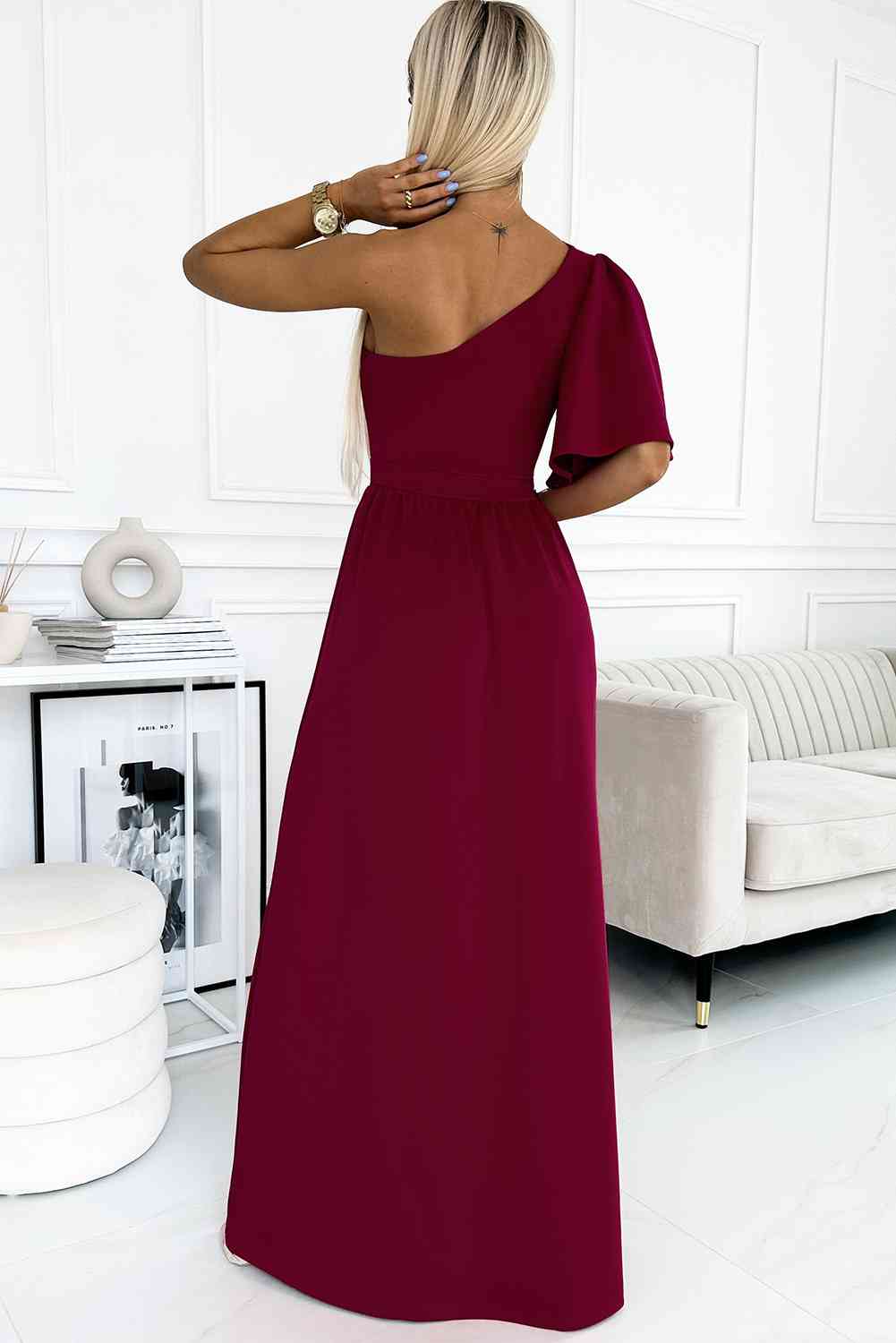 The Deep Red One-Shoulder Flutter Sleeve Dress