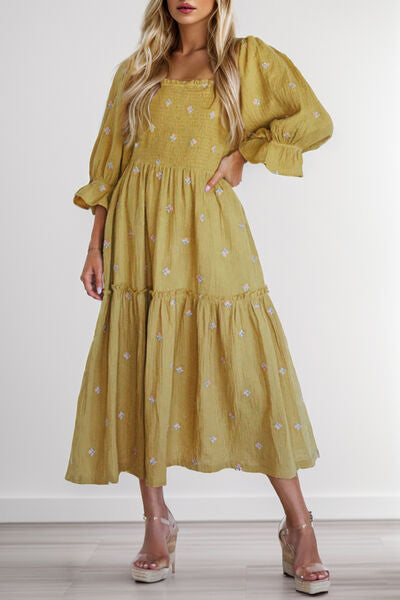 The Smocked Square Neck Flounce Sleeve Dress