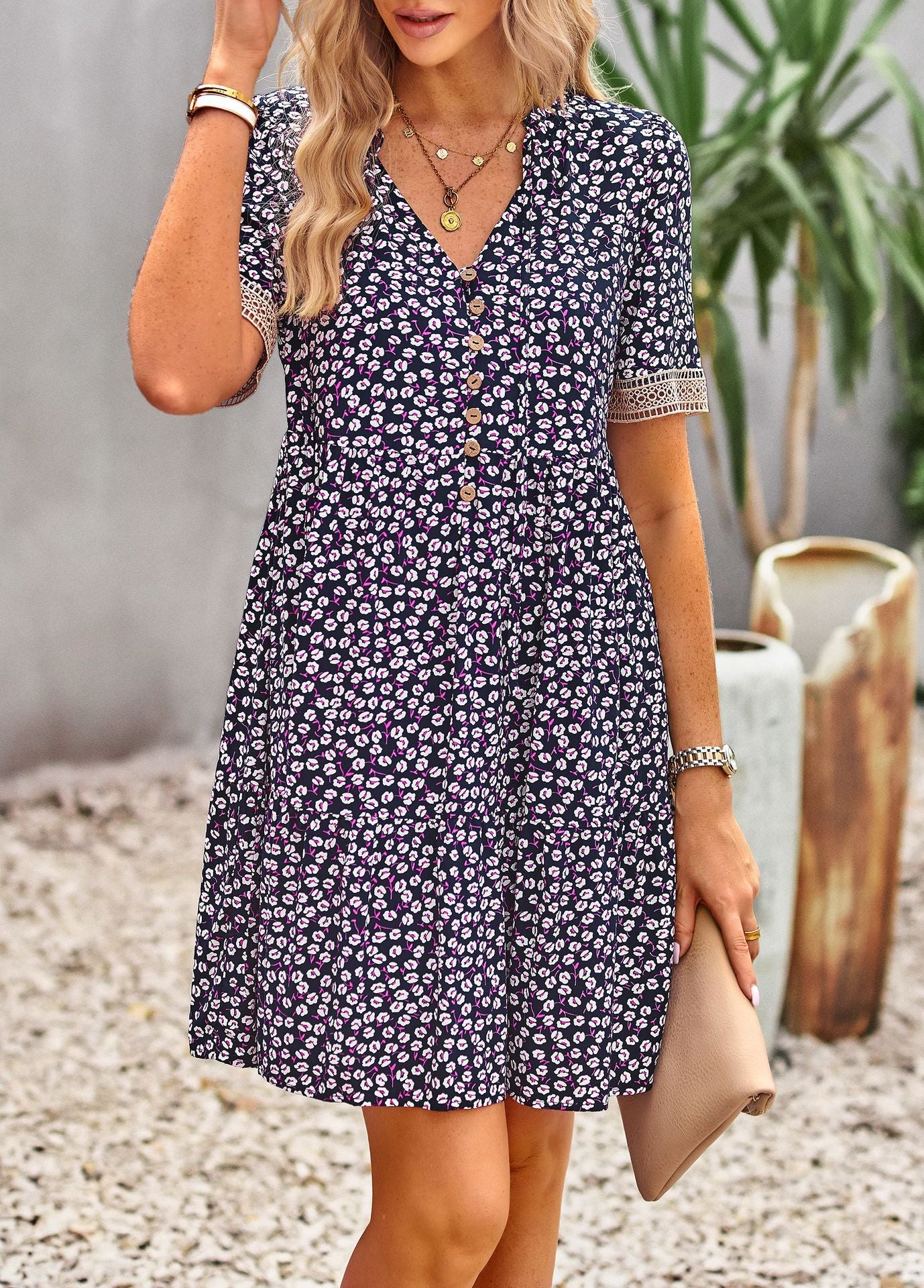 The Violet Floral Buttoned Puff Sleeve Dress