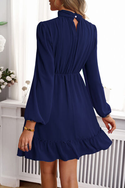 The Ruched Mock Neck Balloon Sleeve Dress