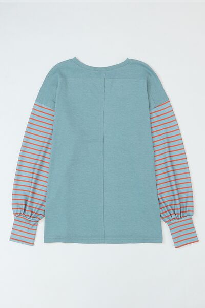 The Striped Round Neck Lantern Sleeve Sweatshirt