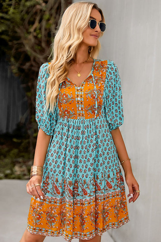 The Bohemian Turquoise Tie Neck Dress