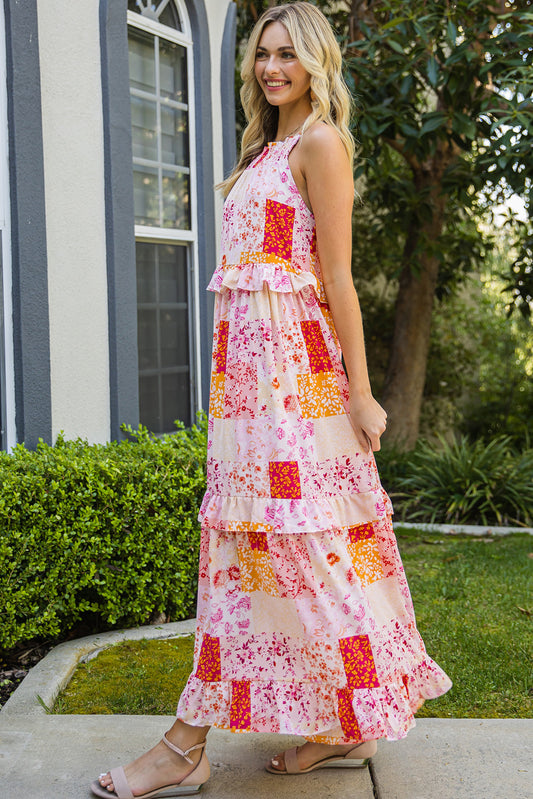 The Patchwork Grecian Neck Ruffled Maxi Dress