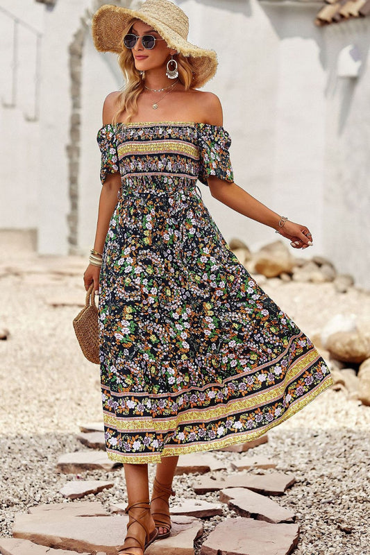 The Bohemian Square Neck Short Sleeve Midi Dress