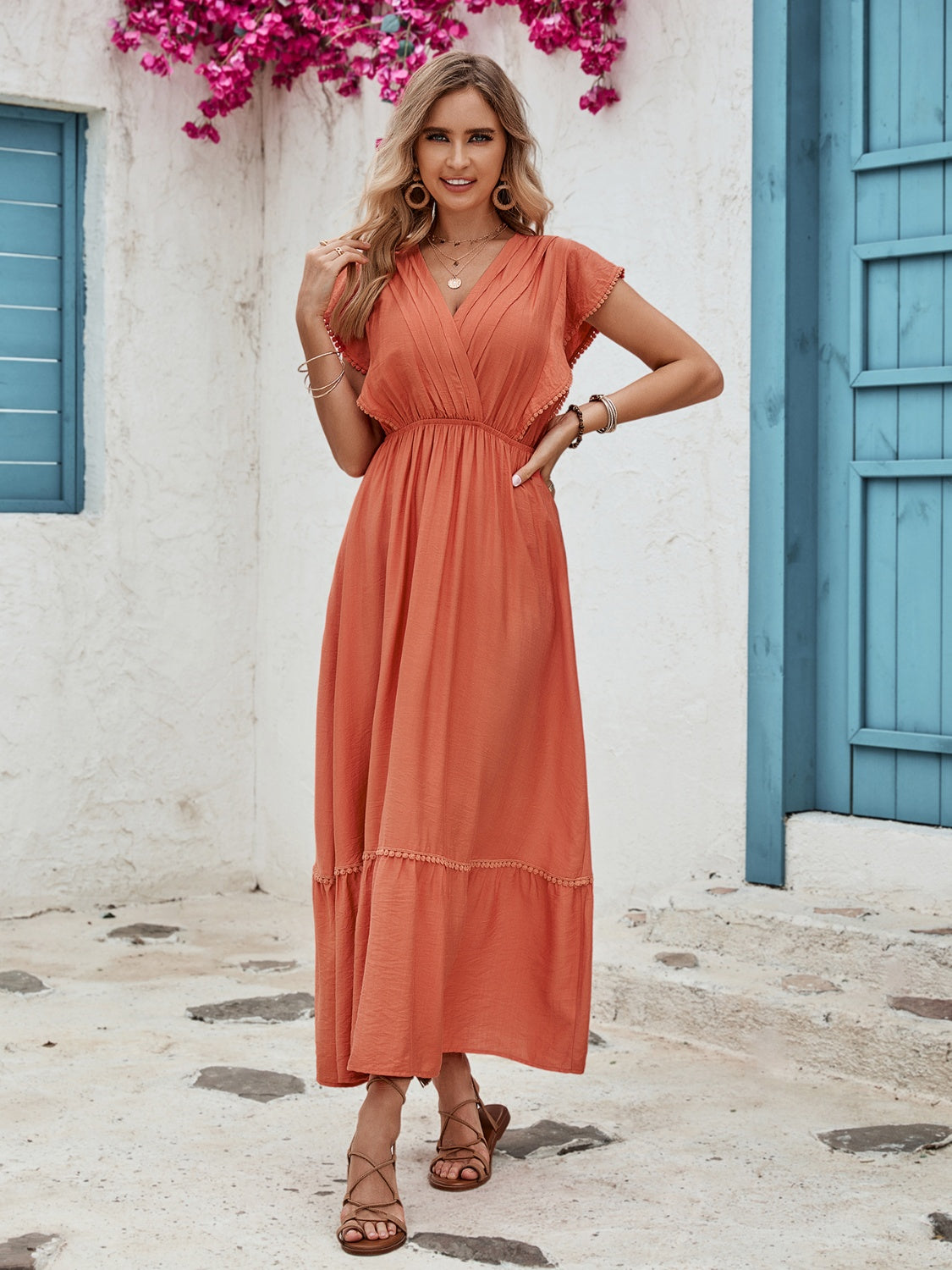 The Terracotta Ruffled Surplice Cap Sleeve Dress