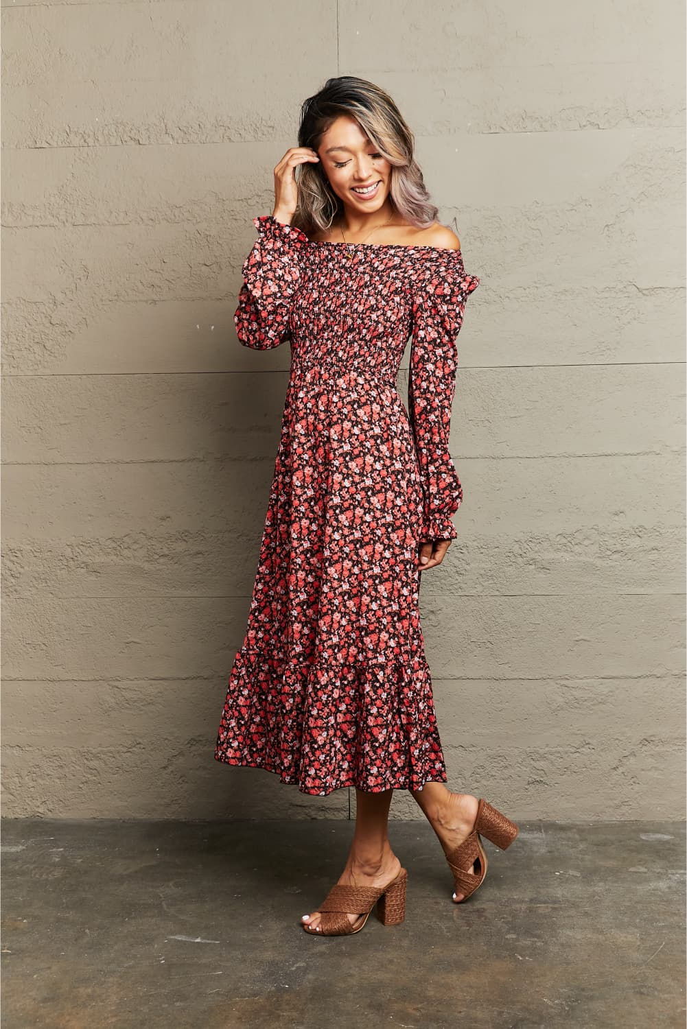 The Fall FLoral Off-Shoulder Midi Dress