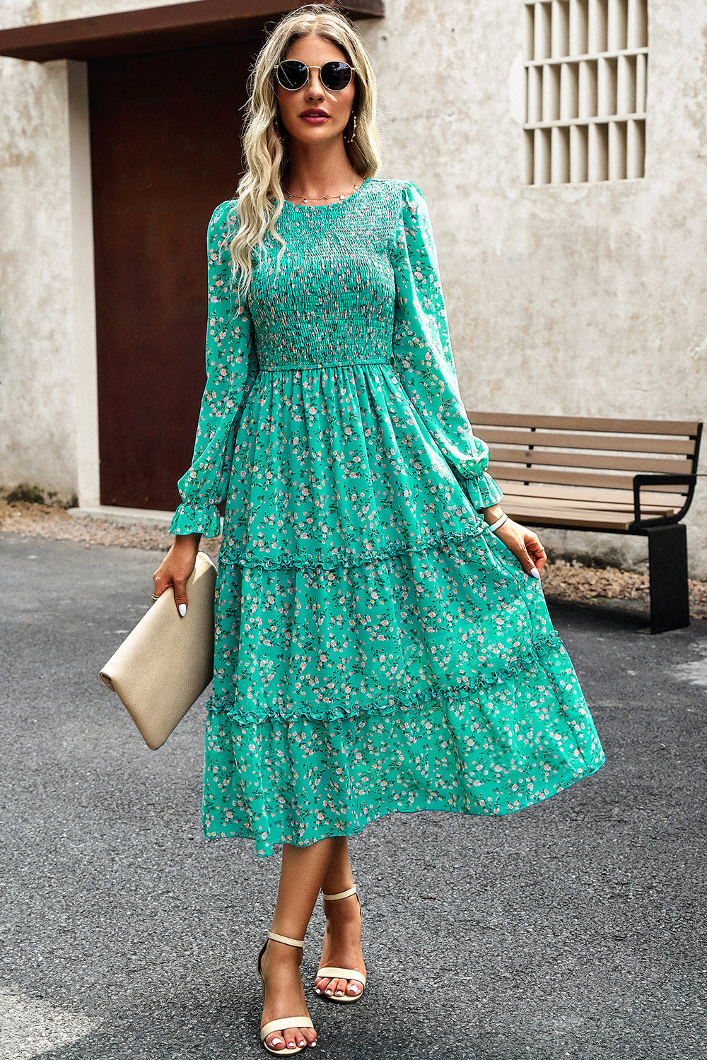 The Sweet Smocked Flounce Sleeve Midi Dress