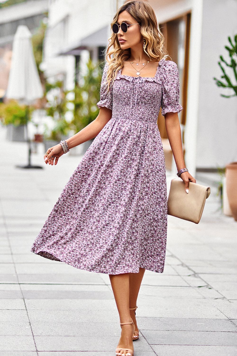 The Purple Floral Ruffled Square Neck Dress with Pockets