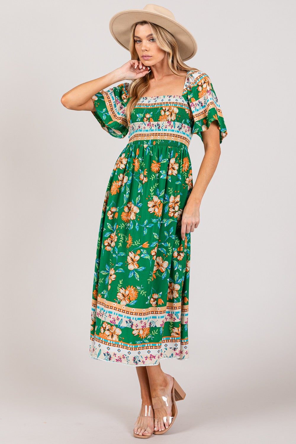 The SAGE + FIG Printed Smocked Short Sleeve Midi Dress