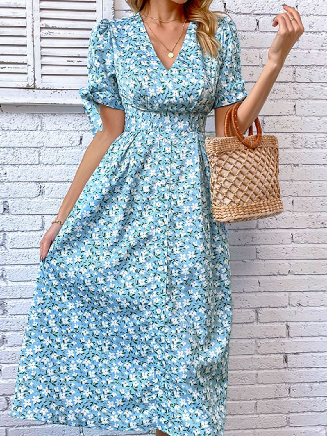 The Sweet Puff Sleeve V-Neck Dress