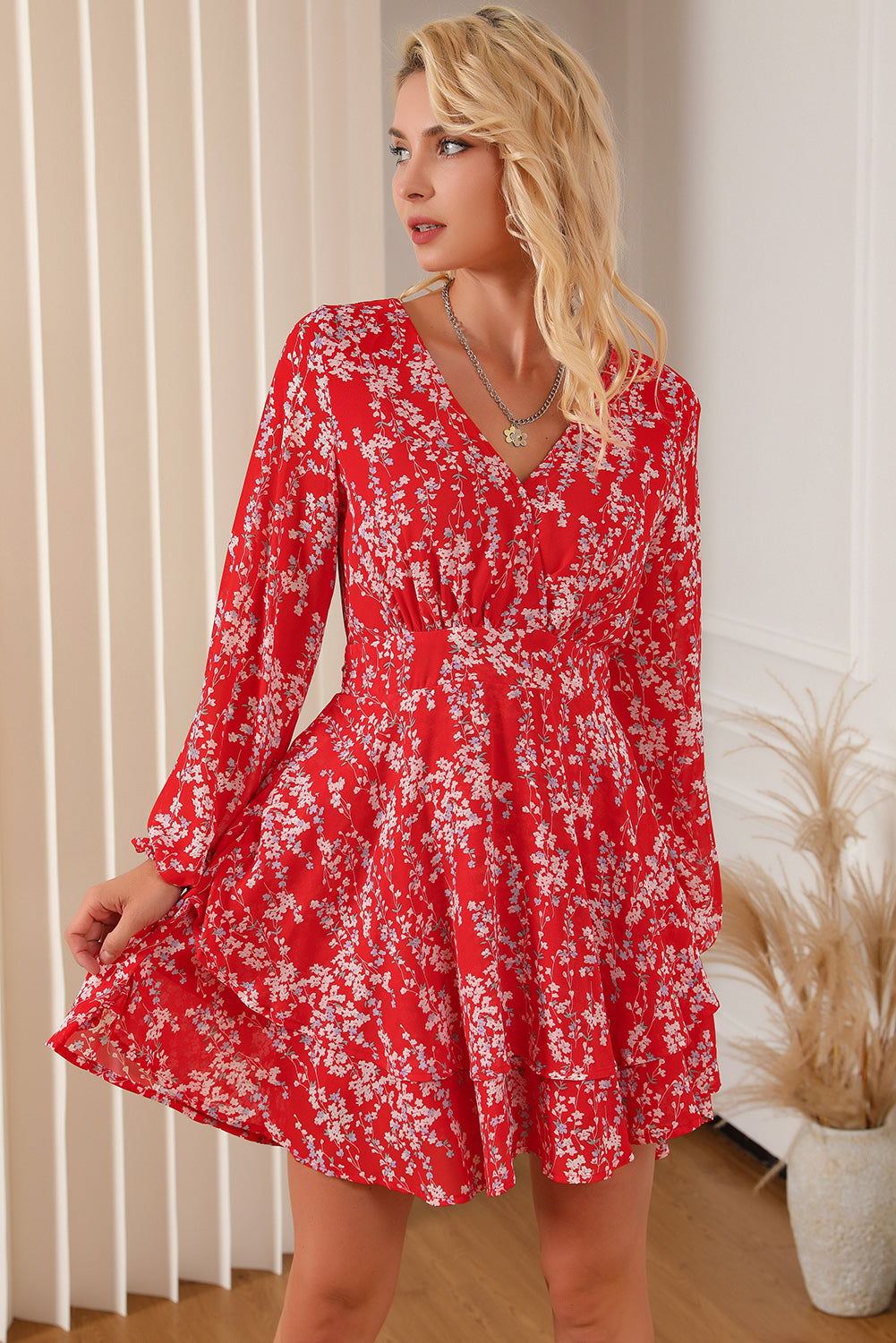 The Deep Red Balloon Sleeve Layered Dress