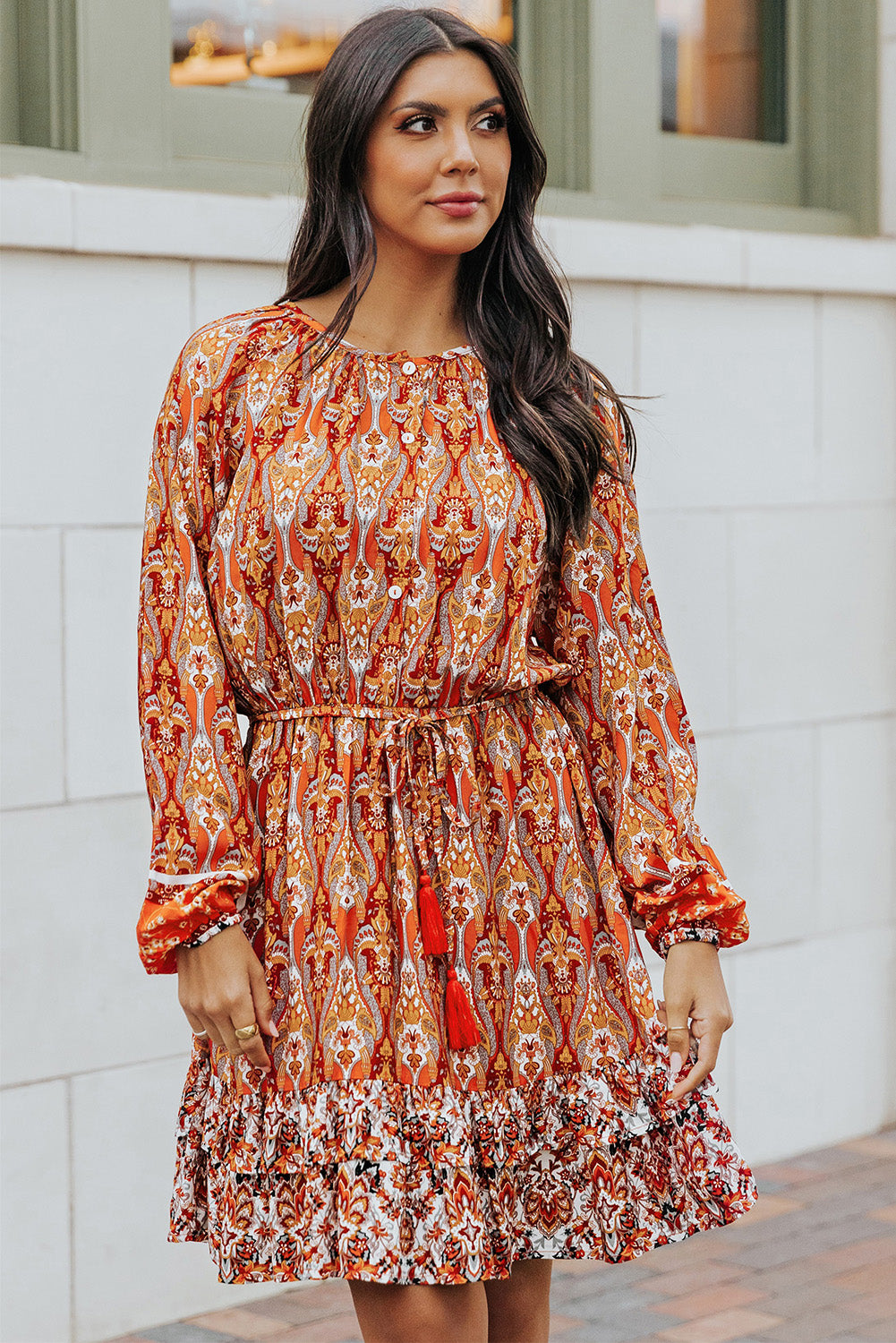 The Boho Balloon Sleeve Tassel Tie Dress