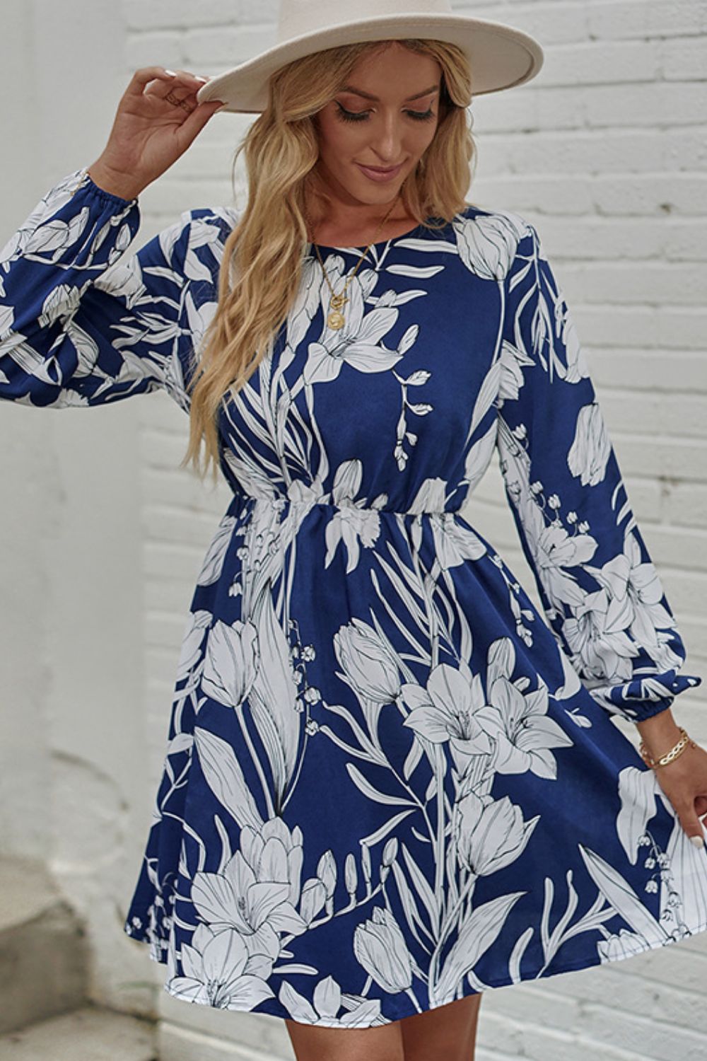 The Silk Navy Floral Balloon Sleeve Dress