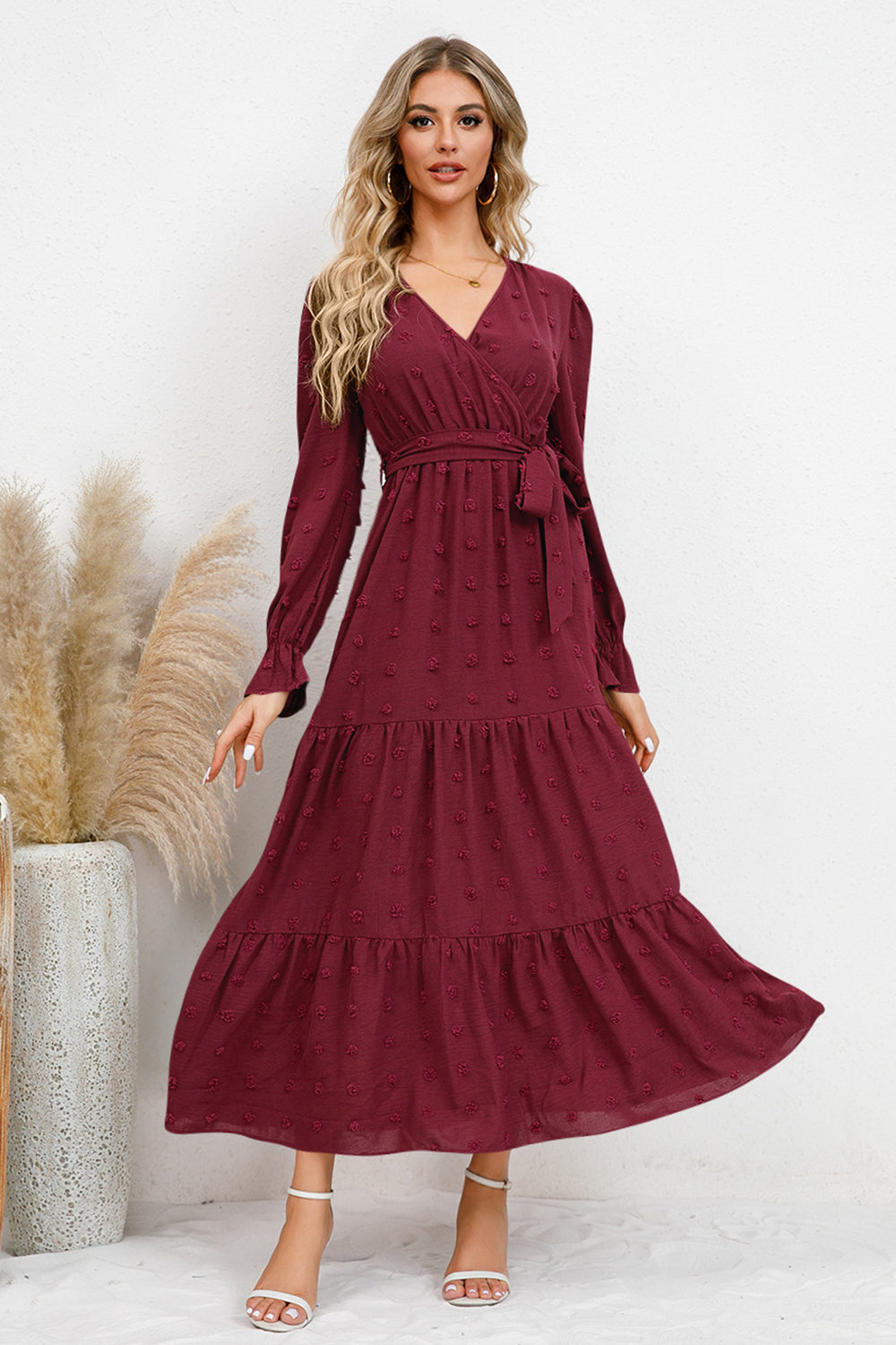 The Swiss Dot Tied Surplice Flounce Sleeve Dress