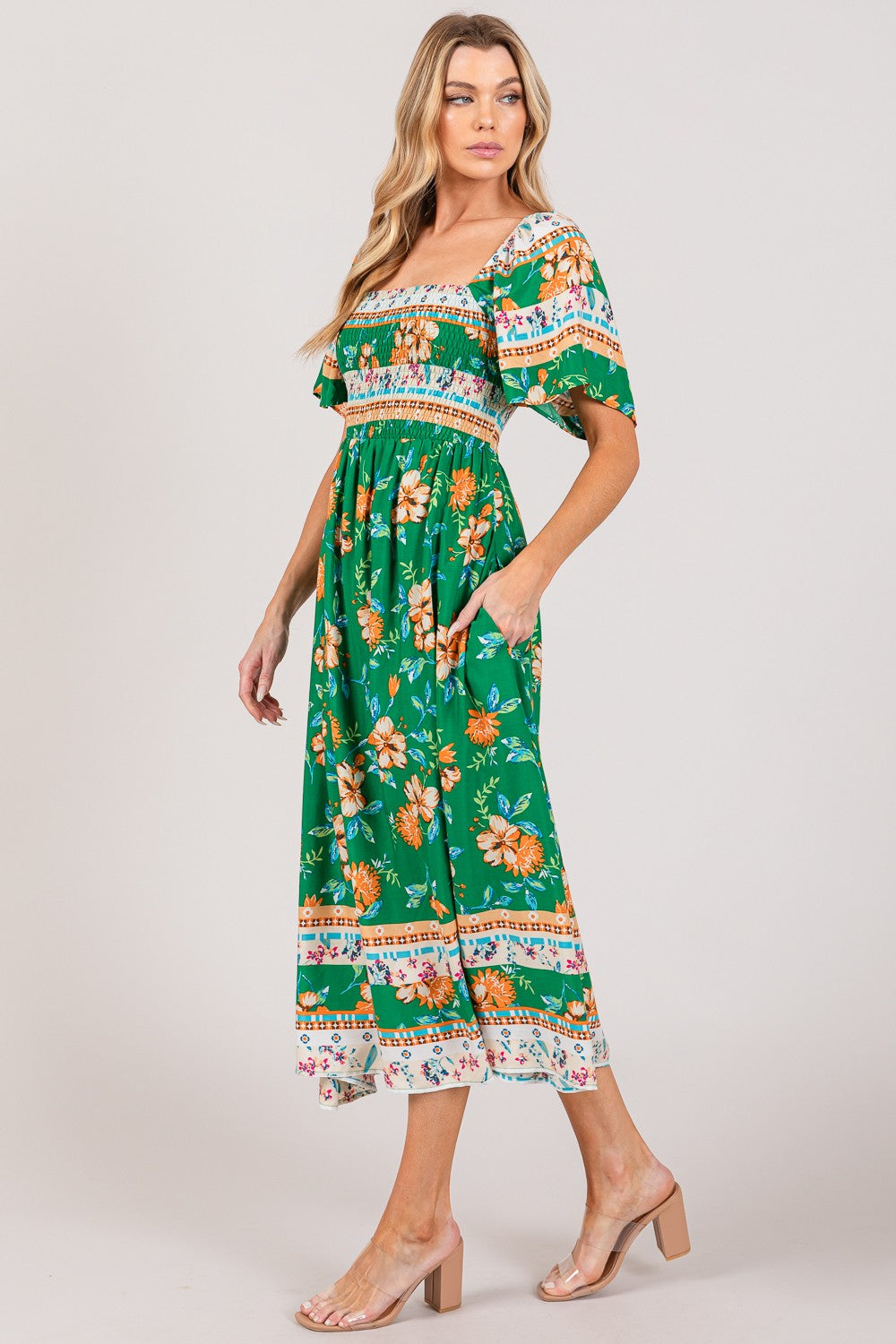 The SAGE + FIG Printed Smocked Short Sleeve Midi Dress