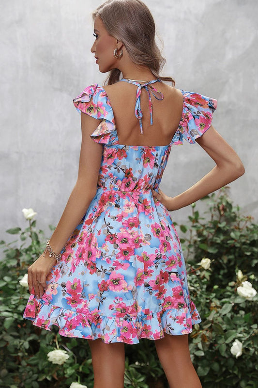 The Floral Halter Neck Ruffle Hem Dress